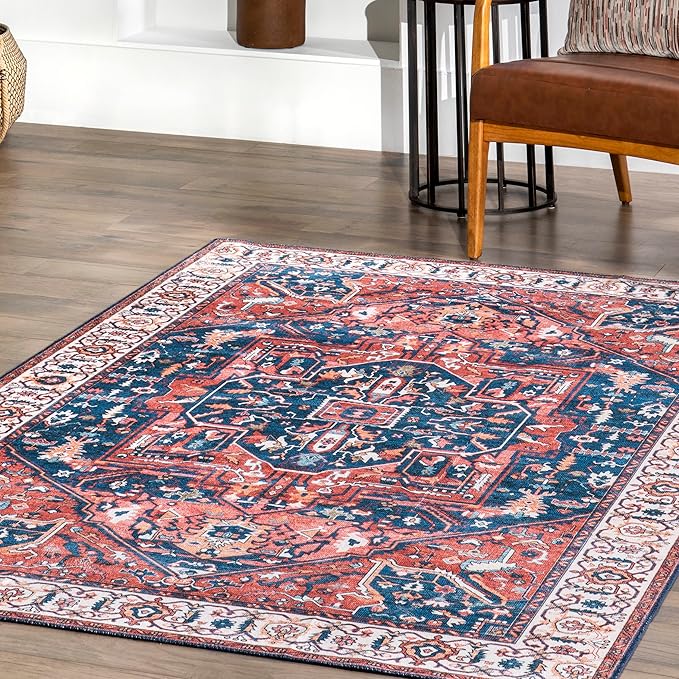 nuLOOM 8x10 Machine Washable Rain Haven Vintage Medallion Area Rug, Rust, Traditional Faded Design, Non-Slip Backing, Stain Resistant, For Bedroom, Dining Room, Living Room, Kitchen - LeafyLoom