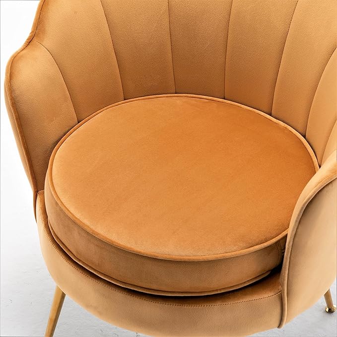 Velvet Barrel Accent Chair with Scalloped Silhouette and Gold Metal Legs, Decorative Piece Suitable for Traditional, Modern, and Contemporary Spaces, Mustard Yellow - LeafyLoom