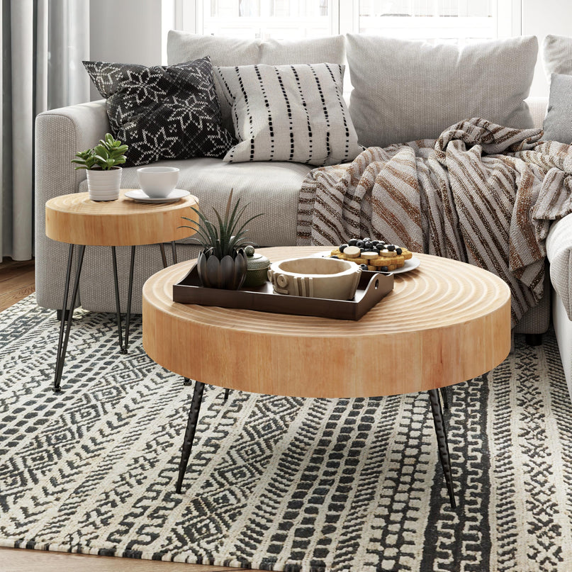 2-Piece Modern Farmhouse Living Room Coffee Table Set, Nesting Table Round Natural Finish with Handcrafted Wood Ring Motif, Wood Colour LeafyLoom