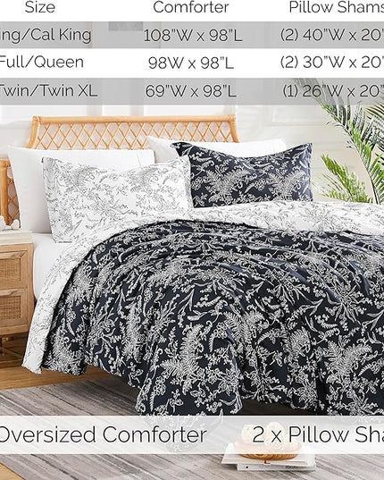 Southshore Fine Living, Inc. Oversized King Comforter Set, Down Alternative Floral Comforter with Matching Shams, Reversible Print is 2 Colors in 1, Fits King/Cal King, Winter Brush Black/White - LeafyLoom