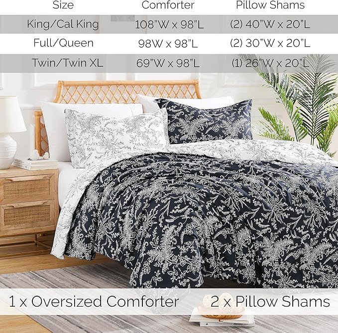 Southshore Fine Living, Inc. Oversized King Comforter Set, Down Alternative Floral Comforter with Matching Shams, Reversible Print is 2 Colors in 1, Fits King/Cal King, Winter Brush Black/White - LeafyLoom
