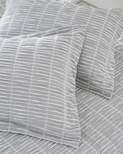 Full/Queen 100% Cotton Comforter Set | Grey Puckered Striped Down Alternative Comforter | All Season, Linen-Like, Textured 3 Piece Bedding Comforter Set (Full/Queen, Grey) - LeafyLoom