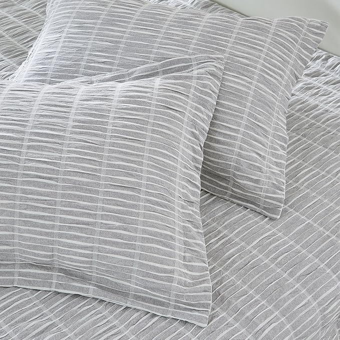 Full/Queen 100% Cotton Comforter Set | Grey Puckered Striped Down Alternative Comforter | All Season, Linen-Like, Textured 3 Piece Bedding Comforter Set (Full/Queen, Grey) - LeafyLoom