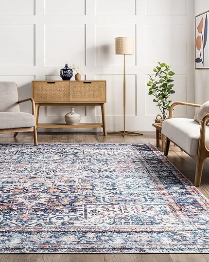 nuLOOM Kasi Vintage Persian Machine Washable Ultra Thin Area Rug, 5' x 8', Blue - LeafyLoom