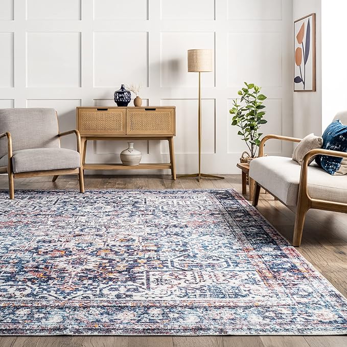 nuLOOM Kasi Vintage Persian Machine Washable Ultra Thin Area Rug, 5' x 8', Blue - LeafyLoom