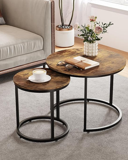 Nesting Coffee Table Set of 2, 23.6" Round Coffee Table Rustic Wood Top with Adjustable Non-Slip Feet, Industrial End Table Side Tables for Living Room Bedroom Balcony Yard - LeafyLoom