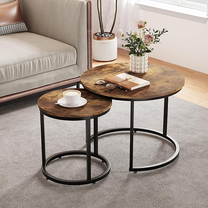 Nesting Coffee Table Set of 2, 23.6" Round Coffee Table Rustic Wood Top with Adjustable Non-Slip Feet, Industrial End Table Side Tables for Living Room Bedroom Balcony Yard - LeafyLoom