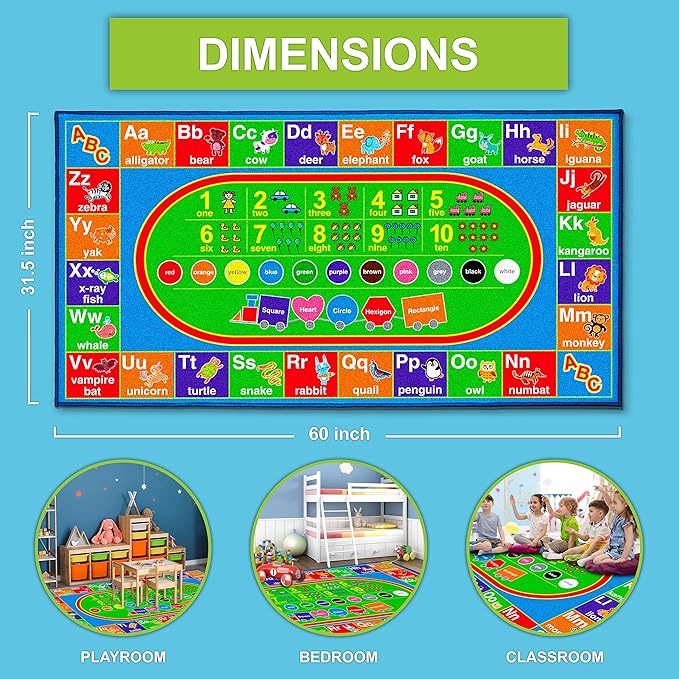 ABC Alphabet Colors Shapes Numbers, Non Slip Kids Educational Rug Carpet for Boy & Girl, Fun Learning Classroom Playroom Bedroom, Playtime Activity Mat for Toddler Play Area Baby Playtime Activity - LeafyLoom