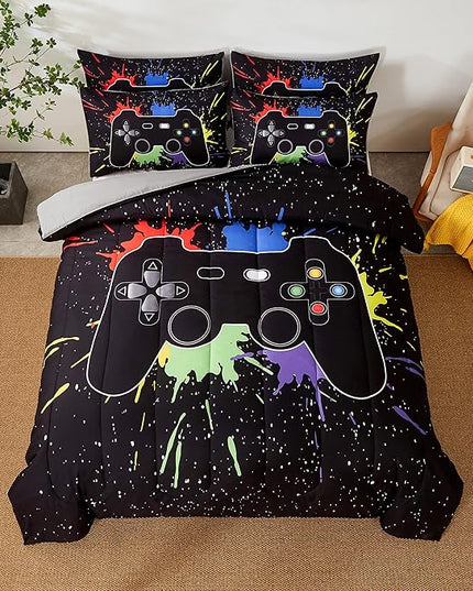 Gamer Comforter Sets Full Size for Boys Teen,Game Controller Colorful Comforter with 2 Pillowcases,Soft Microfiber Video Gaming 3 Piece Bedding Set for Game Lovers,All Season(Black,Full) - LeafyLoom