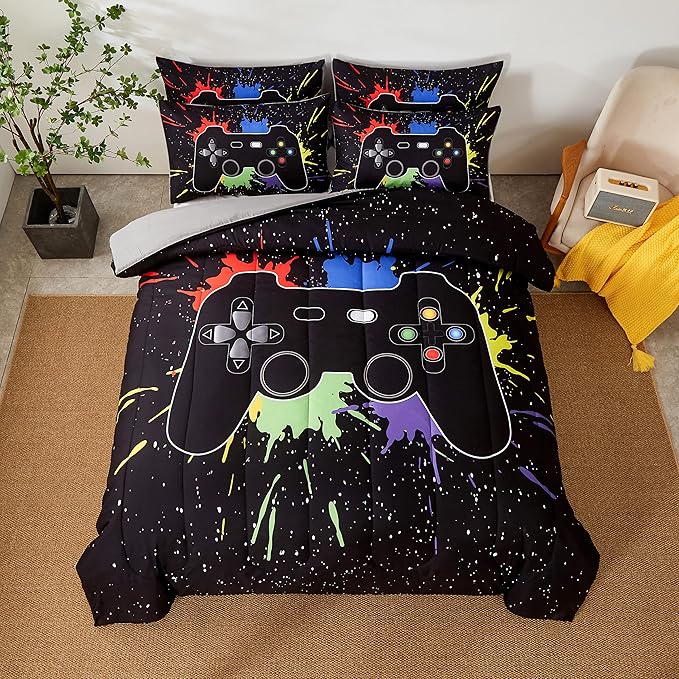 Gamer Comforter Sets Twin Size for Boys Teen,Game Controller Printed Colorful Comforter with Pillowcase, 2 Piece Video Gaming Bedding Set for Game Lovers,All Season(Black,Twin) - LeafyLoom
