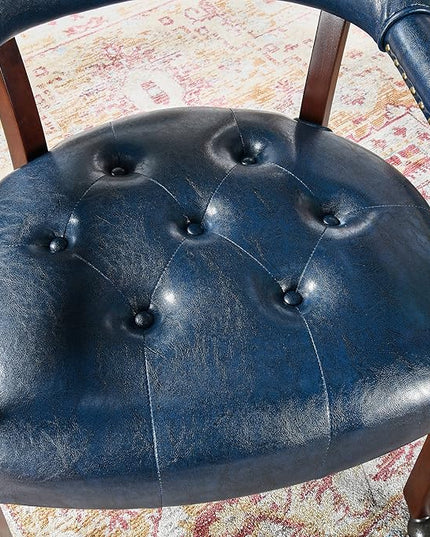 Dining Chairs with Casters and Arms, Rolling Dining Chairs with Wheels, Accent Game Poker Table Chairs, Solid Wood Boss Caption's Chairs Office Desk Chairs, Cherry Legs & Blue SY-1533-LB - LeafyLoom