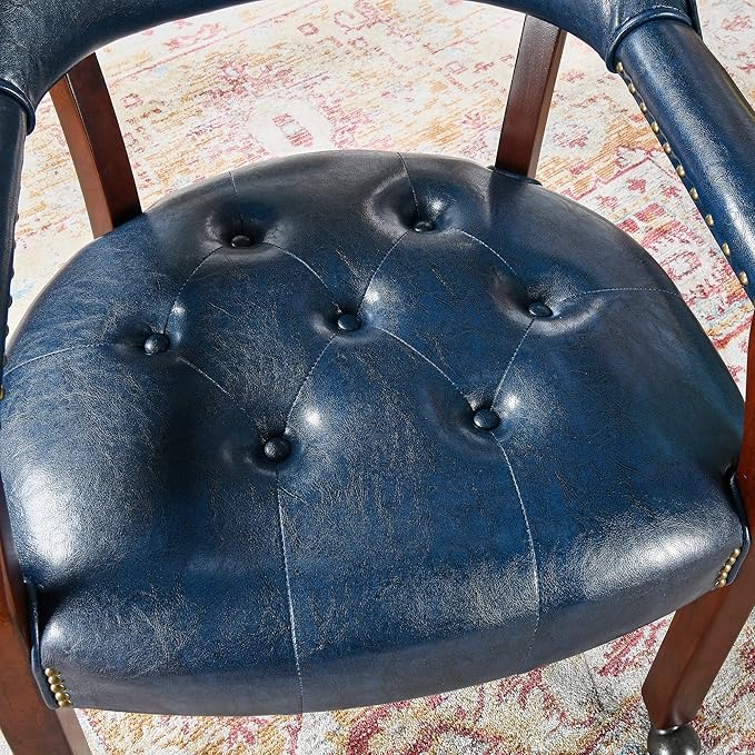 Dining Chairs with Casters and Arms, Rolling Dining Chairs with Wheels, Accent Game Poker Table Chairs, Solid Wood Boss Caption's Chairs Office Desk Chairs, Cherry Legs & Blue SY-1533-LB - LeafyLoom
