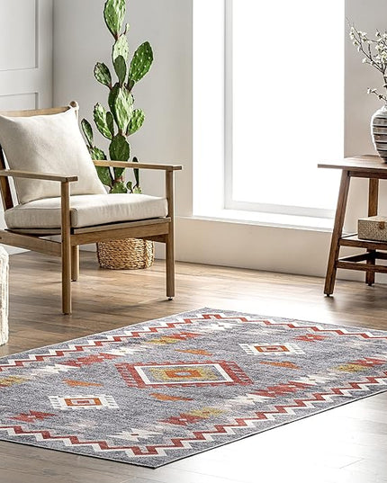 nuLOOM Jayde Machine Washable Southwestern Diamond Ultra Thin Area Rug, 4' x 6', Grey - LeafyLoom