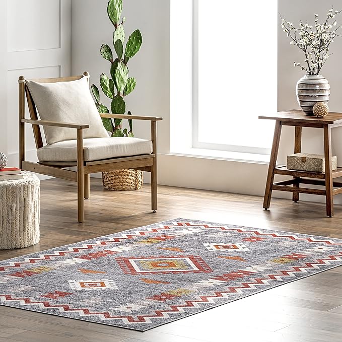 nuLOOM Jayde Machine Washable Southwestern Diamond Ultra Thin Area Rug, 4' x 6', Grey - LeafyLoom