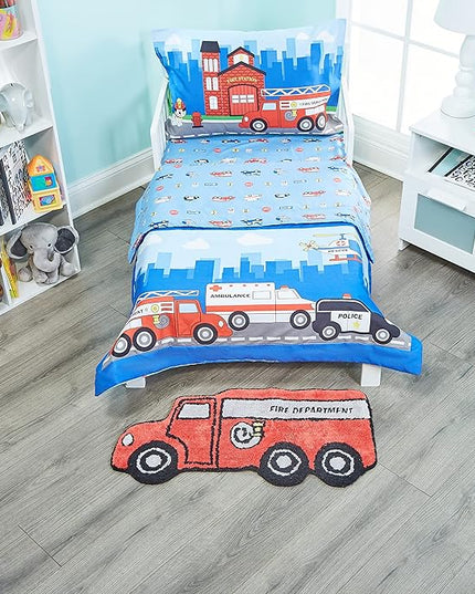 Hand Tufted Firetruck Bedroom or Bathroom Rug - 15x30 in; 100% Cotton Kids Bathroom Mat; Decorative Kids Area Rug - LeafyLoom