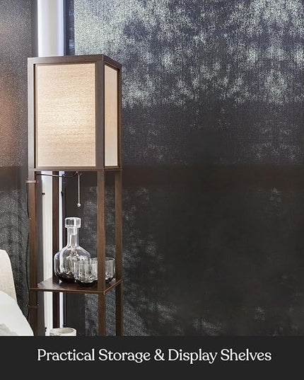 Brightech Maxwell - Modern Shelf Floor Lamp with Lamp Shade and LED Bulb - Corner Display Floor Lamps with Shelves for Living Room, Bedroom and Office - Walnut Brown - LeafyLoom