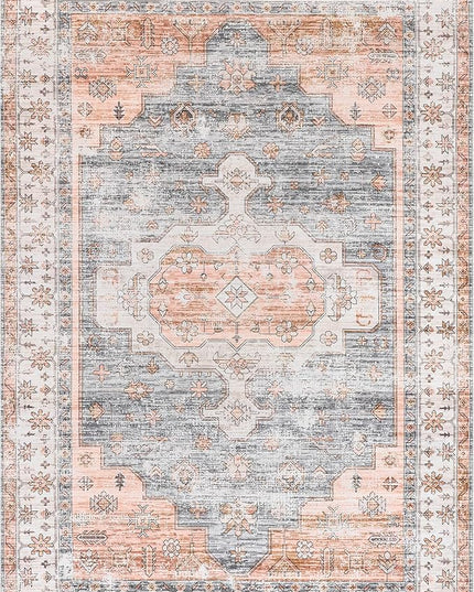 nuLOOM 5x8 Machine Washable Rain Haven Vintage Medallion Area Rug, Light Orange, Traditional Faded Design, Non-Slip Backing, Stain Resistant, For Bedroom, Dining Room, Living Room, Kitchen - LeafyLoom