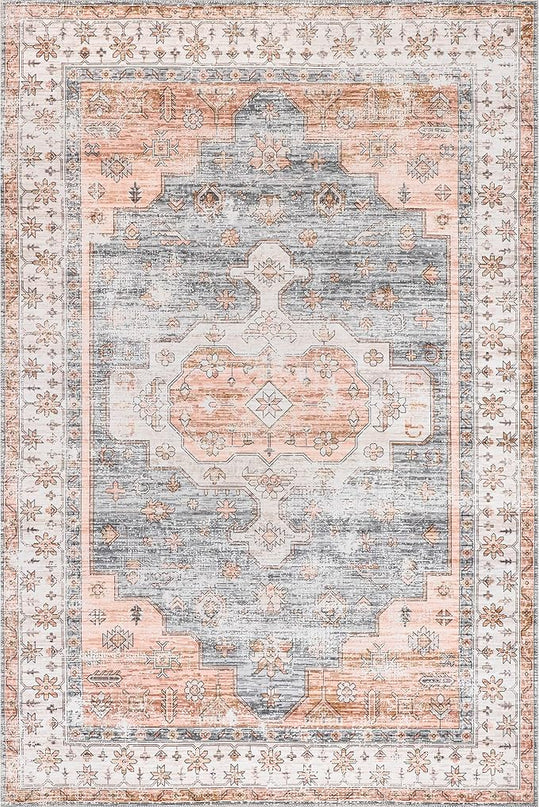 nuLOOM 5x8 Machine Washable Rain Haven Vintage Medallion Area Rug, Light Orange, Traditional Faded Design, Non-Slip Backing, Stain Resistant, For Bedroom, Dining Room, Living Room, Kitchen - LeafyLoom
