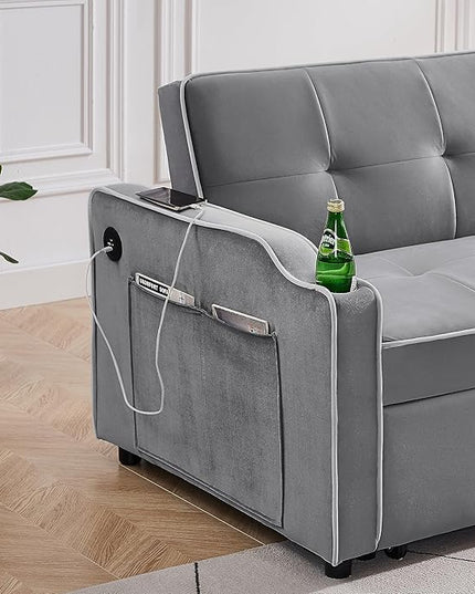3-in-1 Velvet Upholstered Sofabed Tufted Futon Loveseat Sofa Convertible Sleeper Couch Bed with Cupholders and USB Charging Ports,Modern 2-Seaters Love Seat Daybed for Living Room, 55.2", Gray1 - LeafyLoom