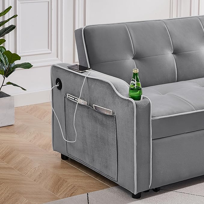 3-in-1 Velvet Upholstered Sofabed Tufted Futon Loveseat Sofa Convertible Sleeper Couch Bed with Cupholders and USB Charging Ports,Modern 2-Seaters Love Seat Daybed for Living Room, 55.2", Gray1 - LeafyLoom