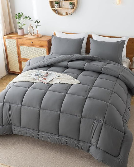 Grey Comforter Set, King Lightweight All Season Soft Down Alternative Bed Comforter, 3 Pieces Bedding Set（King Size，102"x90"） - LeafyLoom