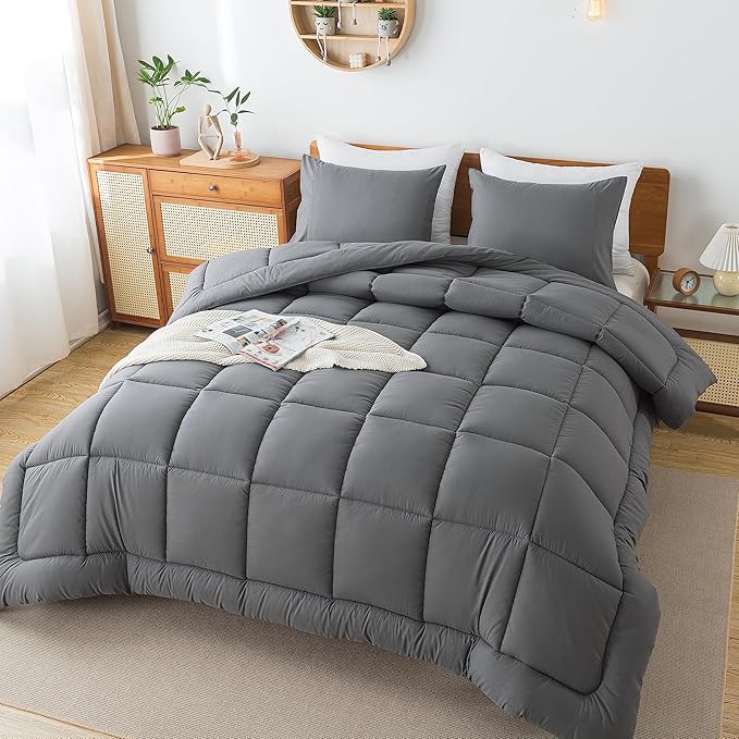 Grey Comforter Set, King Lightweight All Season Soft Down Alternative Bed Comforter, 3 Pieces Bedding Set（King Size，102"x90"） - LeafyLoom