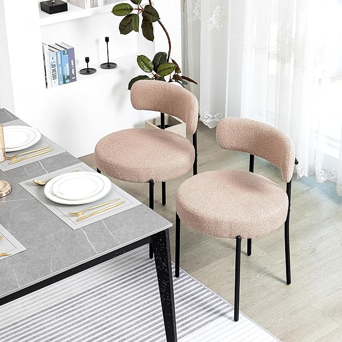DYHOME Kitchen Chairs Mid-Century Modern Dining Chairs Set of 2, Kitchen Dining Room Chairs, Boucle Upholstered Wishbone Dining Chair, Camel Color - LeafyLoom