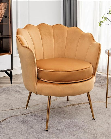 Velvet Barrel Accent Chair with Scalloped Silhouette and Gold Metal Legs, Decorative Piece Suitable for Traditional, Modern, and Contemporary Spaces, Mustard Yellow - LeafyLoom