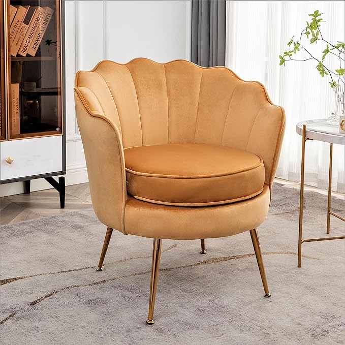 Velvet Barrel Accent Chair with Scalloped Silhouette and Gold Metal Legs, Decorative Piece Suitable for Traditional, Modern, and Contemporary Spaces, Mustard Yellow - LeafyLoom