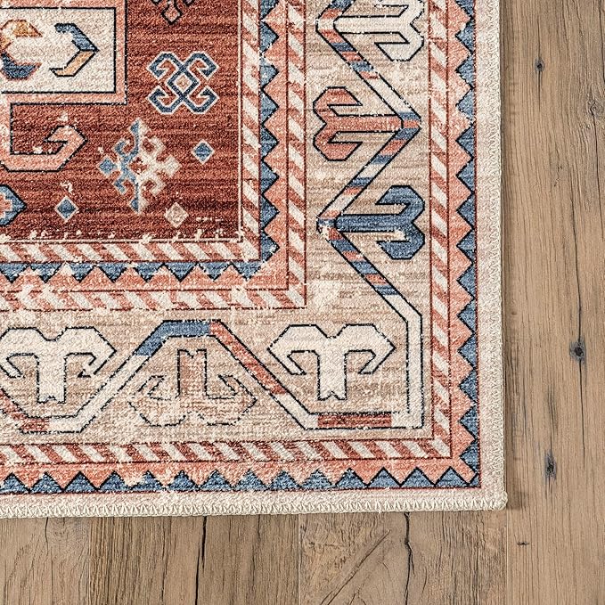 nuLOOM Órla Tribal Bordered Machine Washable Ultra Thin Area Rug, 8' x 10', Rust - LeafyLoom