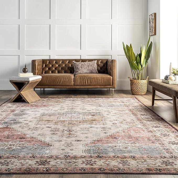 nuLOOM Emani Machine Washable Medallion Ultra Thin Area Rug, 4' x 6', Multi - LeafyLoom