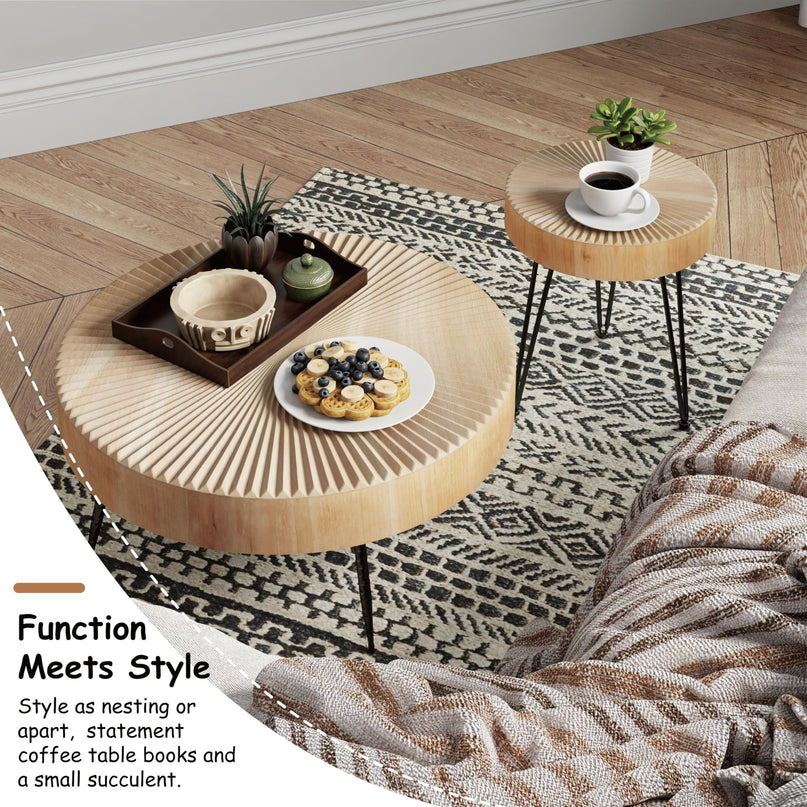 2-Piece Modern Farmhouse Living Room Coffee Table Set, Nesting Table Round Natural Finish with Handcrafted Wood Ring Motif, Wood Colour LeafyLoom