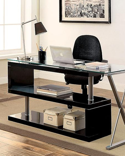Furniture of America Lilliana S-Shaped Glass-Top Office Desk, Black - LeafyLoom