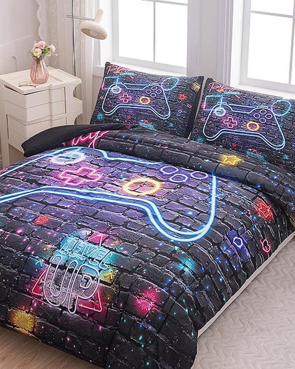 NINENINE Gaming Bedding Sets for Boys 5PCS Queen Size Comforter Gamer Contoller Video Bed in A Bag Kids Teens Black Bedding Comforter Sheet Set(1Comforter, 1Flat Sheet, 1Fitted Sheet, 2Pillowcases) - LeafyLoom