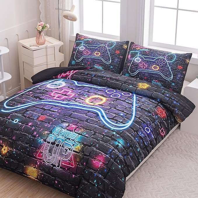 NINENINE Gamer Bedding Sets for Boys 5PCS Full Size Gaming Comforter Bed in A Bag Gamer Contoller Video Kids Teens Gamer Comforter Sets (1Comforter, 1Flat Sheet, 1Fitted Sheet, 2Pillowcases) - LeafyLoom