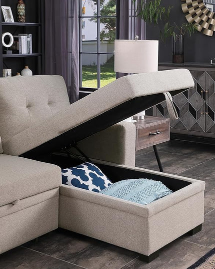 L Shaped Sectional Sofa Storage Chaise, Upholstered Convertible Couch Pull Out Sleeper Bed, Armrest with Hidden Shelves, USB Port & Cup Holder for Living Room Apartment, Light Gray, 92 - LeafyLoom
