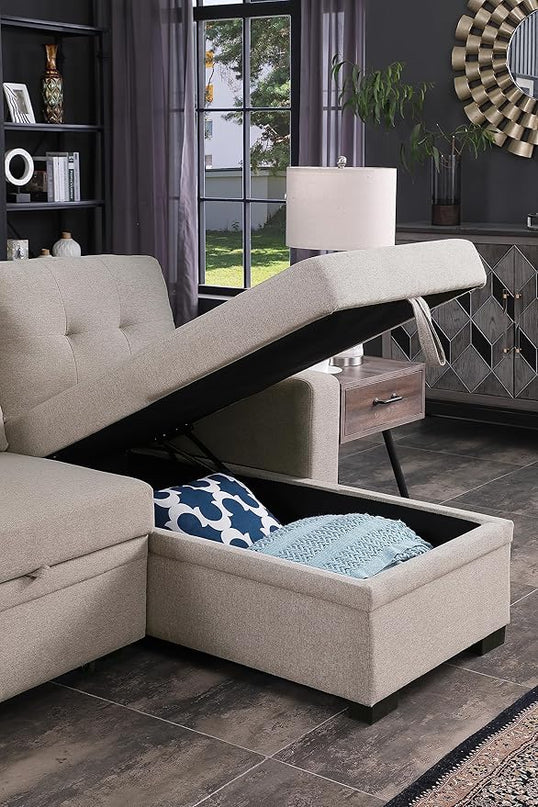 L Shaped Sectional Sofa Storage Chaise, Upholstered Convertible Couch Pull Out Sleeper Bed, Armrest with Hidden Shelves, USB Port & Cup Holder for Living Room Apartment, Light Gray, 92 - LeafyLoom