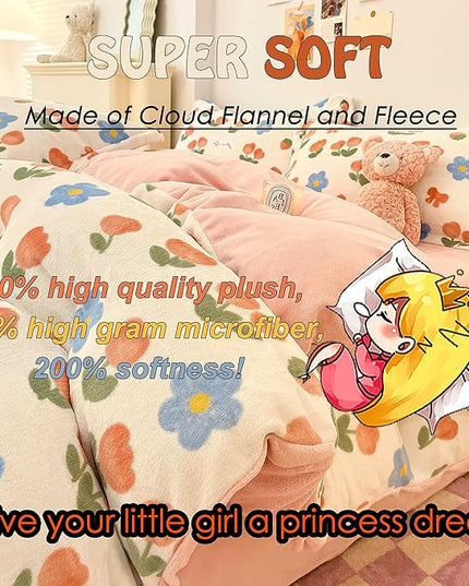 MorroMorn Pink Duvet Cover Queen, Pink Bed Set Tulips Floral Bedding Sets, Plush Fluffy Comforter Covers Set, Down Alternative Blanket Ultra Soft for Girls Kids Teen Women Full Double Size - LeafyLoom