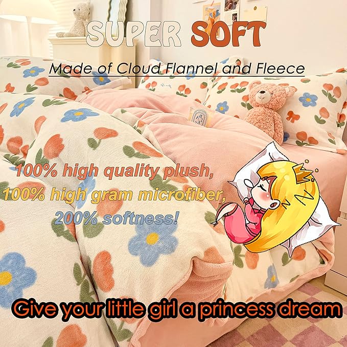 MorroMorn Pink Duvet Cover Queen, Pink Bed Set Tulips Floral Bedding Sets, Plush Fluffy Comforter Covers Set, Down Alternative Blanket Ultra Soft for Girls Kids Teen Women Full Double Size - LeafyLoom