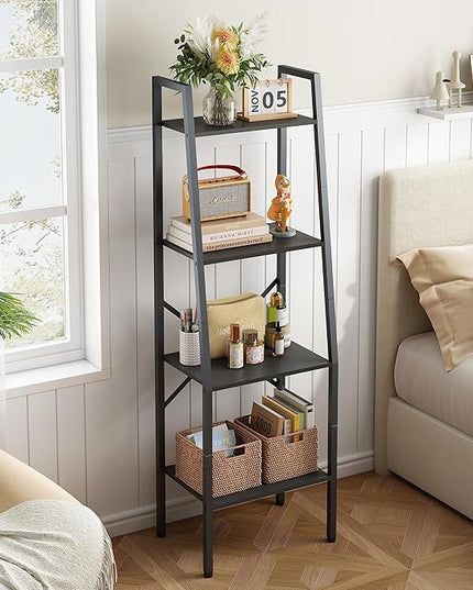 Hoctieon Ladder Shelf Bookcase, 4-Tier Ladder Bookshelf, Tall Bookshelf with Metal Frame, Industrial Bookshelf Ladder, for Living Room, Kitchen, Home Office, Bedroom, Simple Assembly, Black - LeafyLoom
