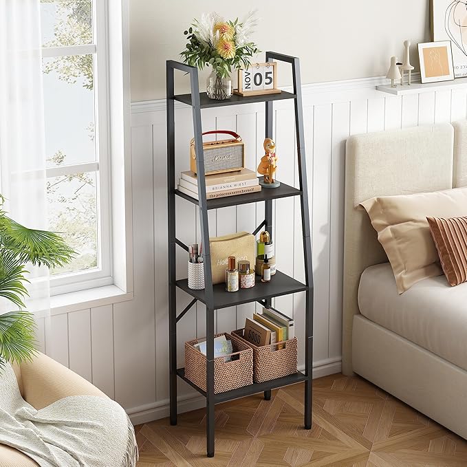 Hoctieon Ladder Shelf Bookcase, 4-Tier Ladder Bookshelf, Tall Bookshelf with Metal Frame, Industrial Bookshelf Ladder, for Living Room, Kitchen, Home Office, Bedroom, Simple Assembly, Black - LeafyLoom