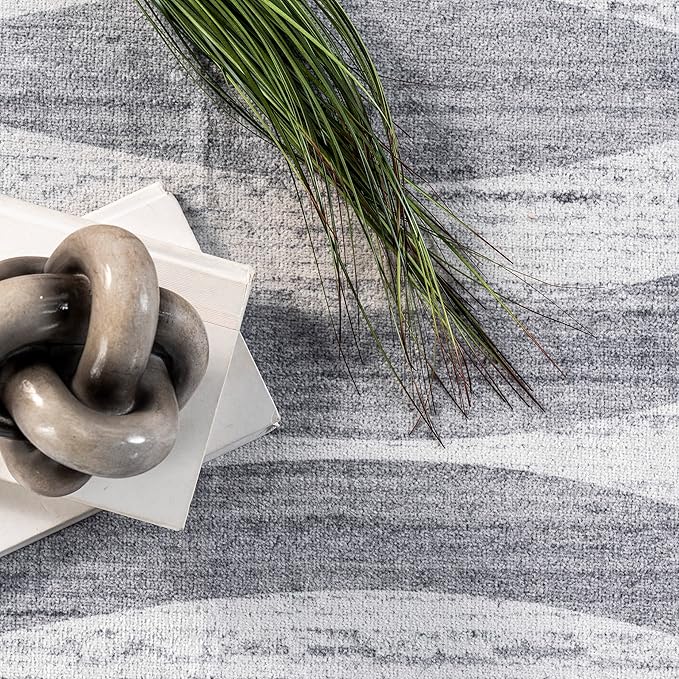 nuLOOM Kami Abstract Curves Machine Washable Ultra Thin Area Rug, 3' x 5', Light Grey - LeafyLoom