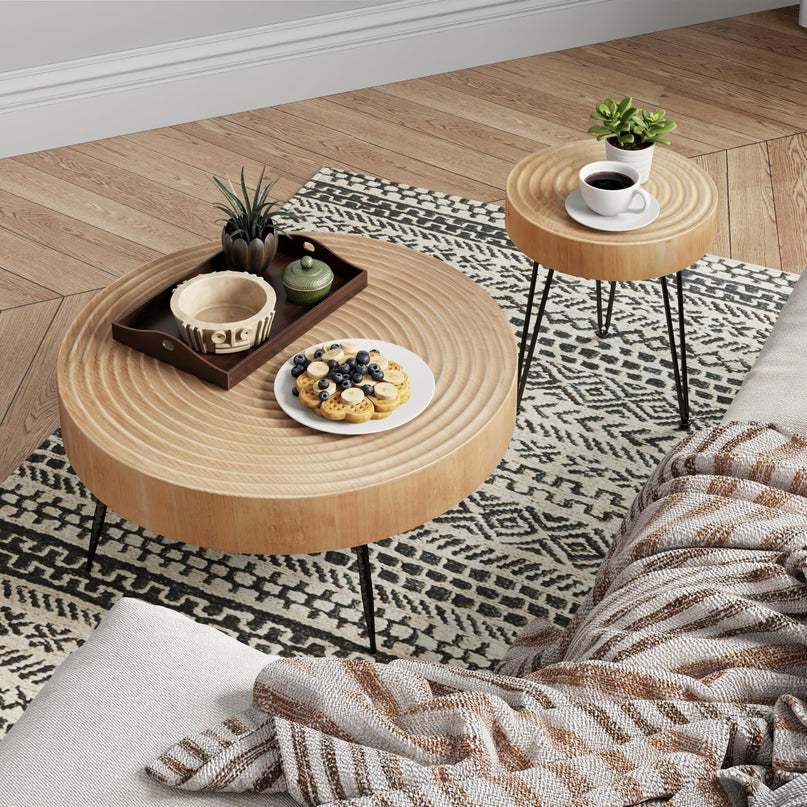 2-Piece Modern Farmhouse Living Room Coffee Table Set, Nesting Table Round Natural Finish with Handcrafted Wood Ring Motif, Wood Colour LeafyLoom