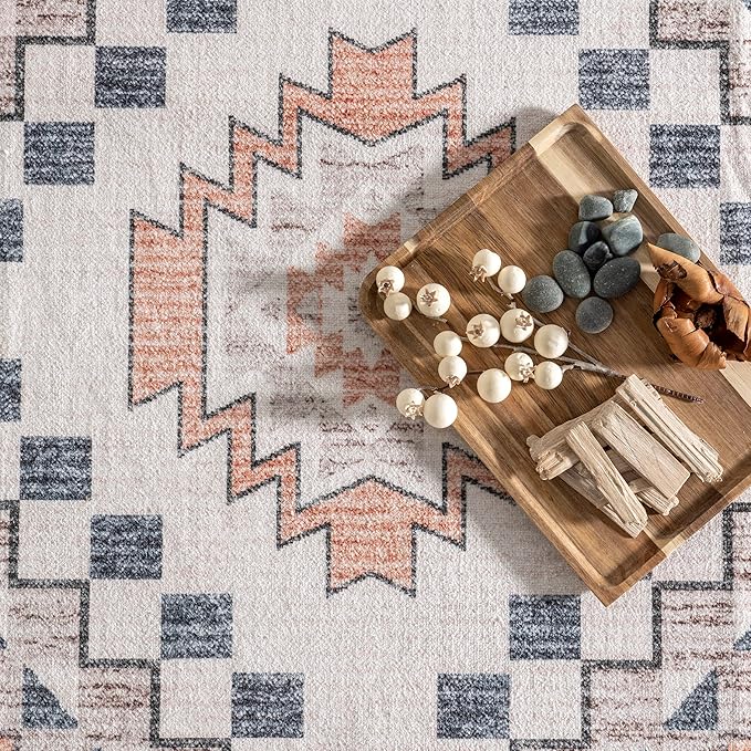 nuLOOM Leighton Machine Washable Southwestern Medallion Ultra Thin Area Rug, 5' x 8', Peach - LeafyLoom