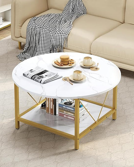YITAHOME Round Coffee Table,Rustic Wood Coffee Tables for Living Room with Storage Shelf, Modern Farmhouse Circle Coffee Table Center with Sturdy Metal Legs Home Furniture, Gold and White - LeafyLoom