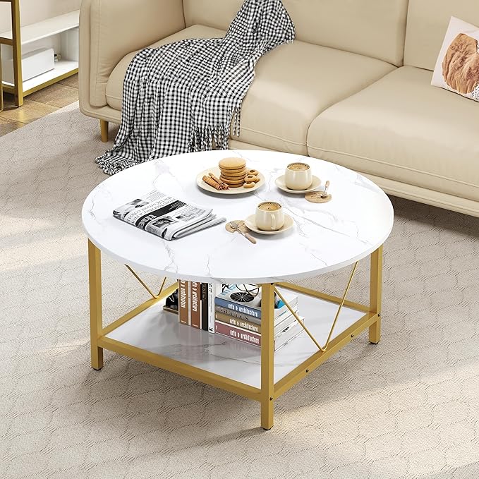 YITAHOME Round Coffee Table,Rustic Wood Coffee Tables for Living Room with Storage Shelf, Modern Farmhouse Circle Coffee Table Center with Sturdy Metal Legs Home Furniture, Gold and White - LeafyLoom