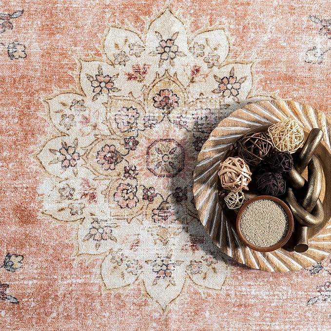 nuLOOM Ren Vintage Floral Machine Washable Ultra Thin Area Rug, 8x10, Peach - LeafyLoom