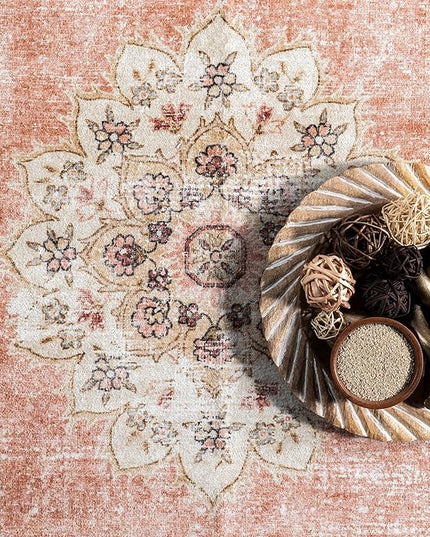 nuLOOM Ren Vintage Floral Machine Washable Ultra Thin Area Rug, 6x9, Peach - LeafyLoom