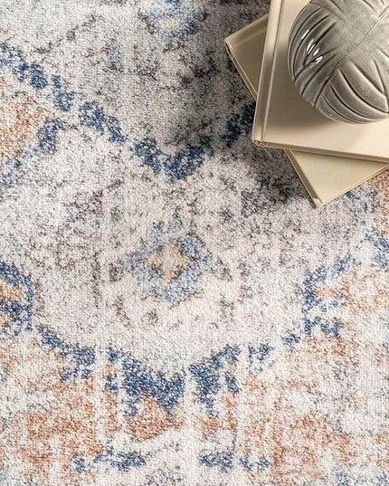 nuLOOM 2x12 Machine Washable Rain Haven Vintage Medallion Area Rug, Peach, Traditional Faded Design, Non-Slip Backing, Stain Resistant, For Bedroom, Dining Room, Living Room, Kitchen - LeafyLoom