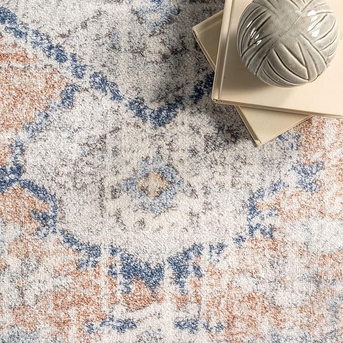 nuLOOM 2x3 Machine Washable Rain Haven Vintage Medallion Area Rug, Peach, Traditional Faded Design, Non-Slip Backing, Stain Resistant, For Bedroom, Dining Room, Living Room, Kitchen - LeafyLoom